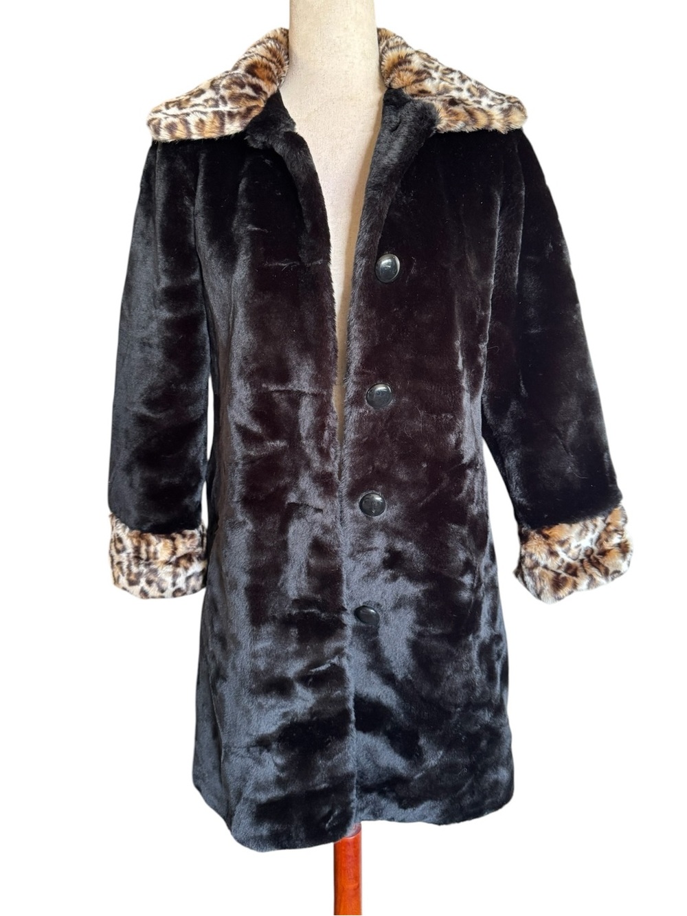 Vintage Copper Key Girls Black Faux Fur Pea Coat with Leopard-Print Trim